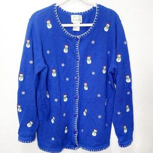 Quacker Factory Embroidered Snowman Snowflake Cardigan Size Large Beaded Detail